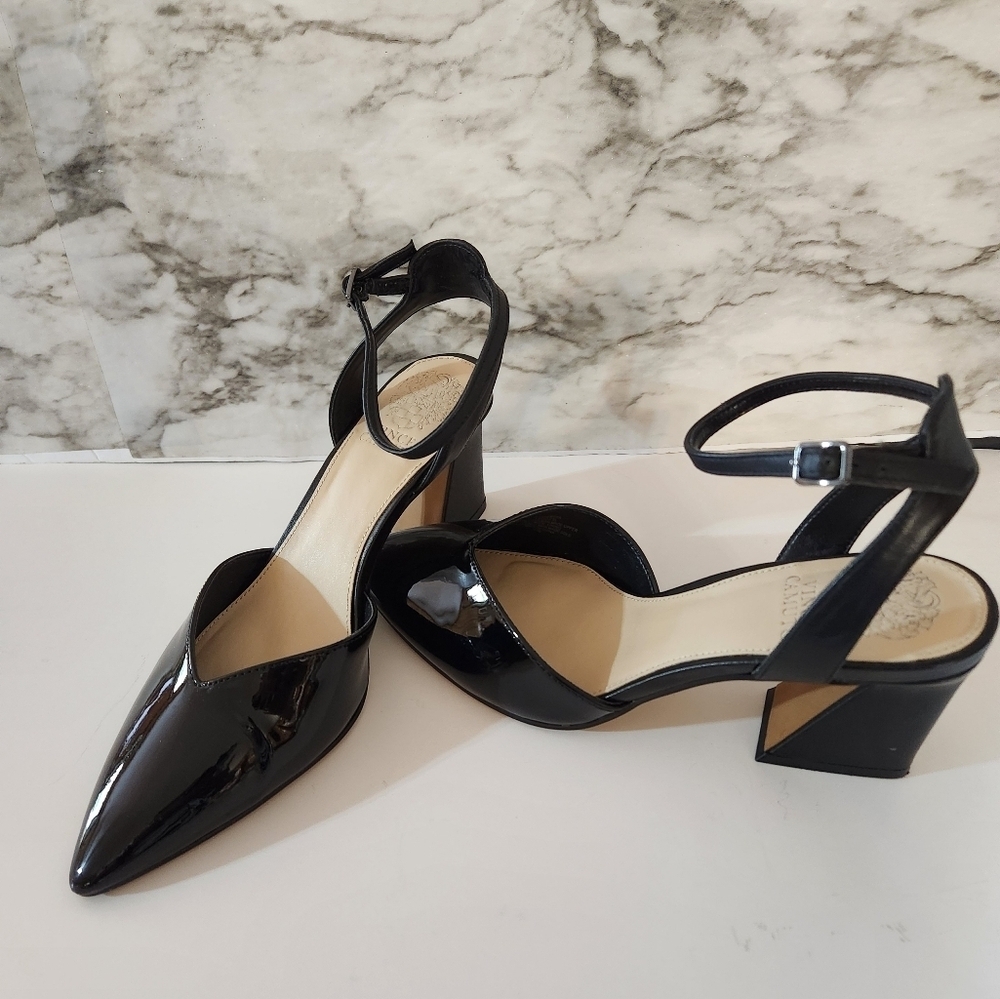 Vince Camuto Black Slingback Heels with Ankle Closure Patent Faux Leather - Picture 9 of 12